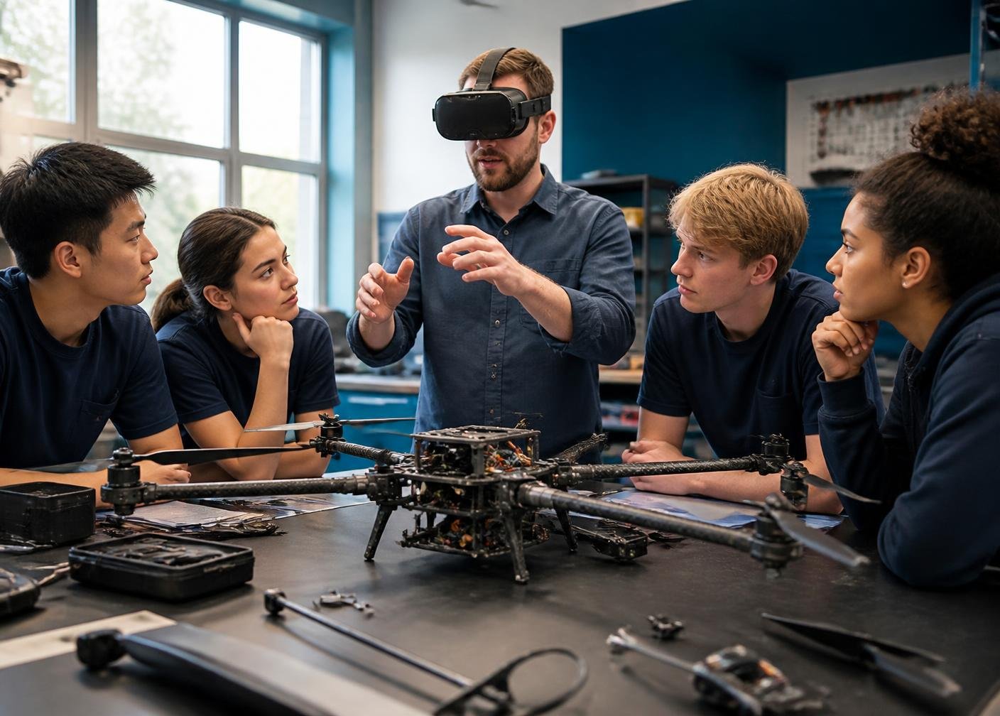 Ausbilder mit VR-Brille erklärt einer Gruppe von Auszubildenden eine Drohne in einer Werkstatt
